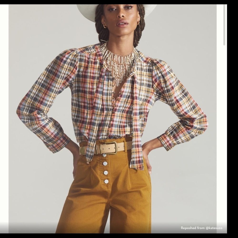 Anthropologie Pilcro Multicolor Plaid Tie Neck Blouse S